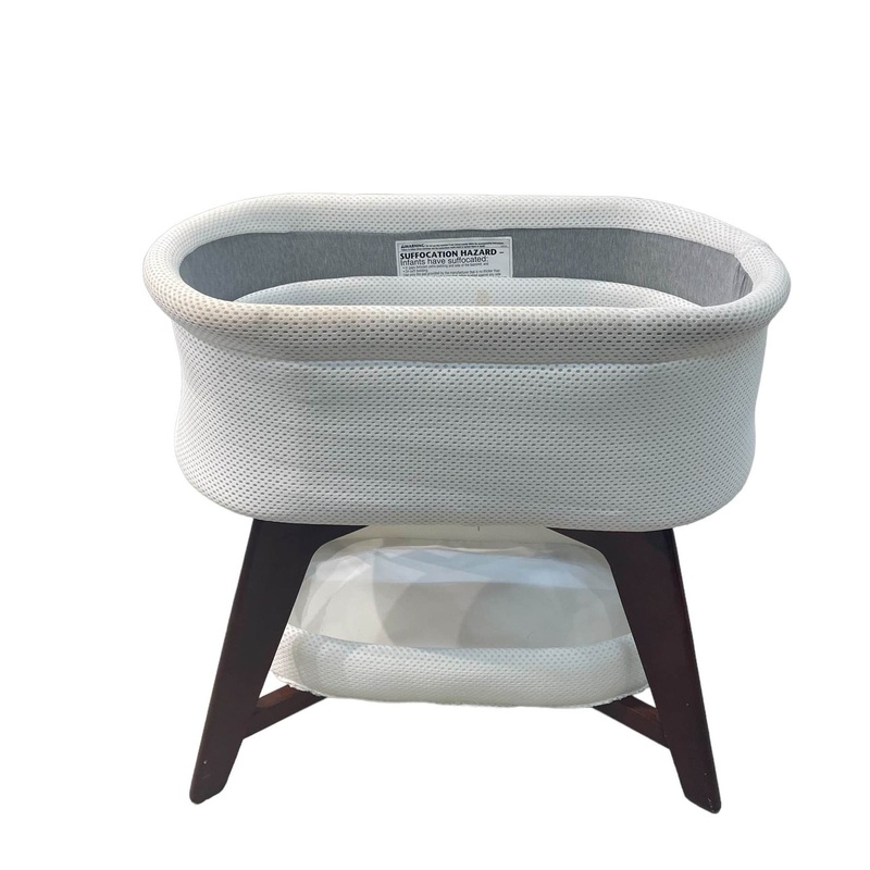 TruBliss Evi Smart Bassinet with Smart Technology, White with Walnut Base