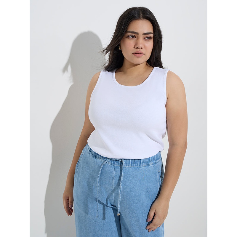 Gia White Ribbed Cotton-Blend Tank Top