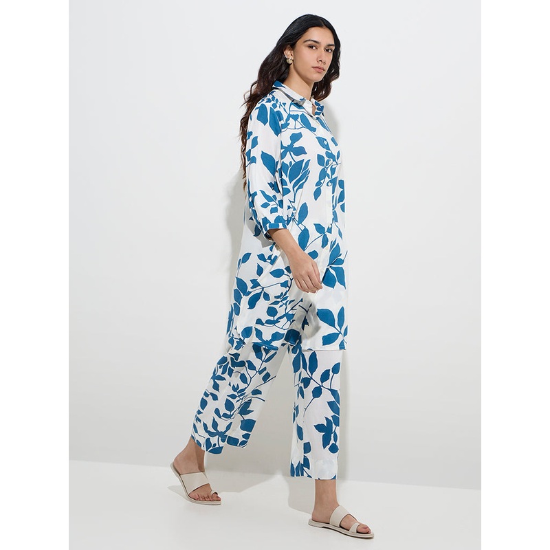 Utsa Blue Floral Printed High-Rise Pants