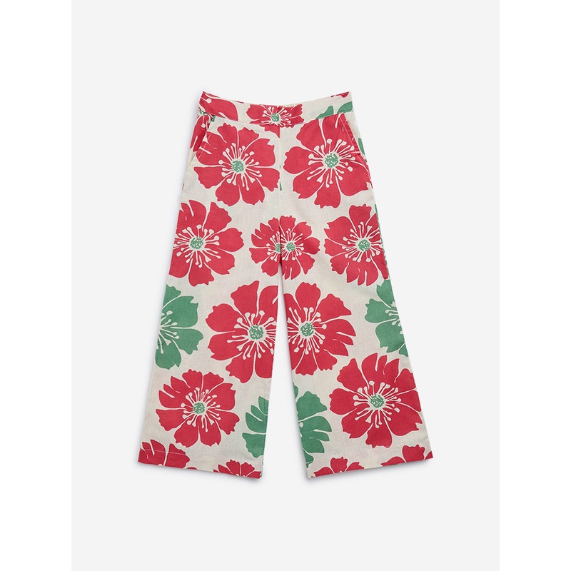 Utsa Kids Off-White Floral Printed High-Rise Cotton-Blend Ethnic Pants – (2-8yrs)