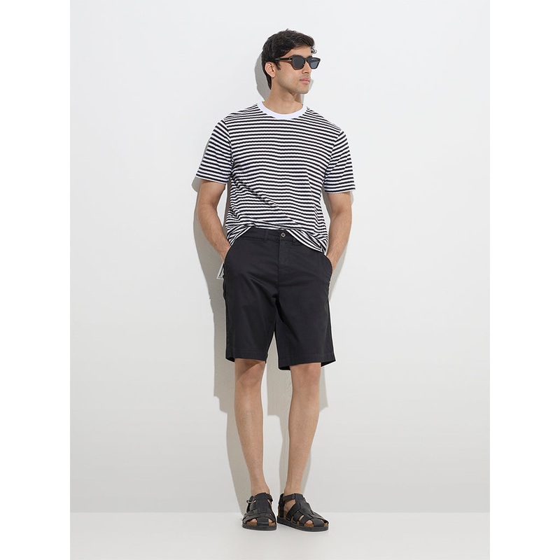 WES Casuals Black Relaxed-Fit Mid-Rise Cotton Shorts