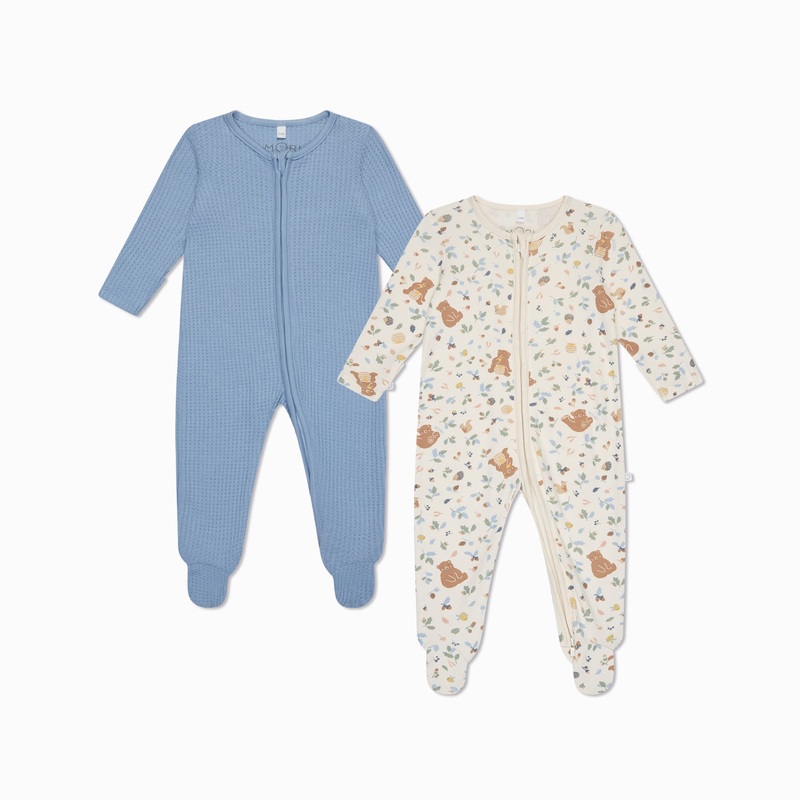Bear Print & Waffle Clever Zip Sleepsuit 2 Pack