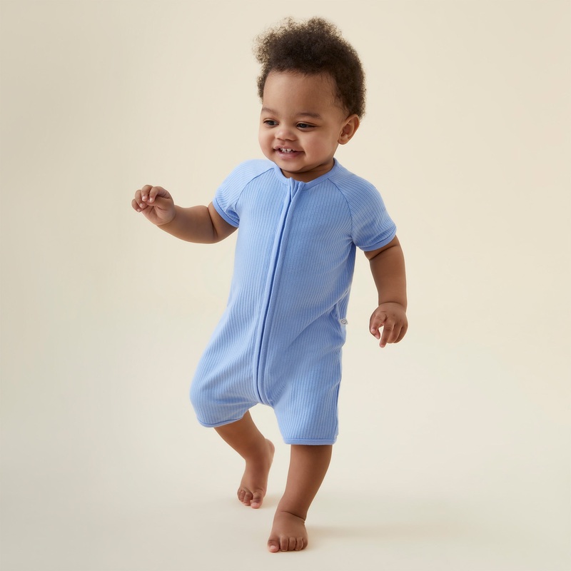 Blue Ribbed Zip Summer Sleepsuit