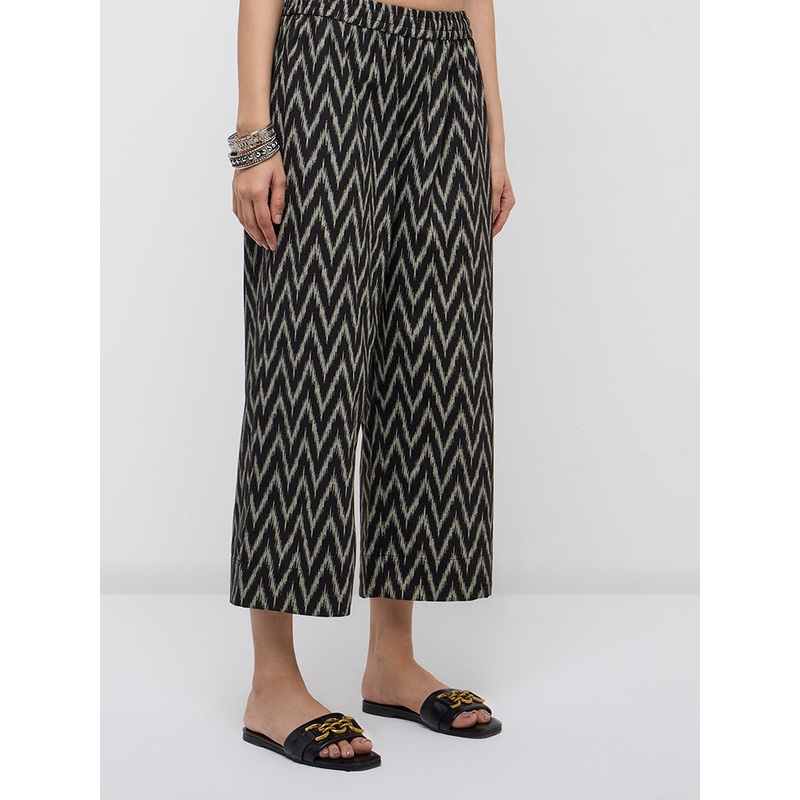 Utsa Black Chevron Ikat Printed Cotton-Blend Ethnic Pants