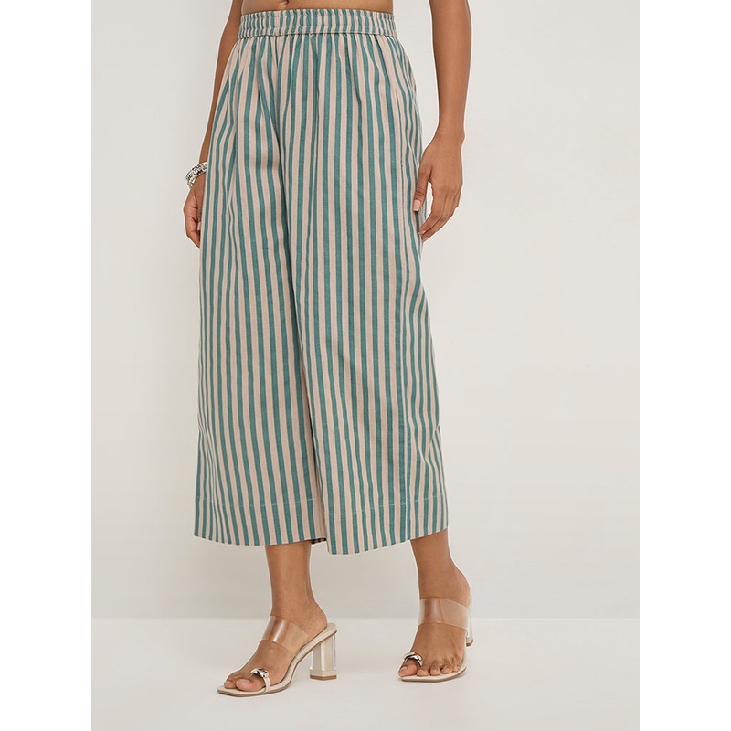 Utsa Teal Striped High-Rise Cotton-Blend Ethnic Pants