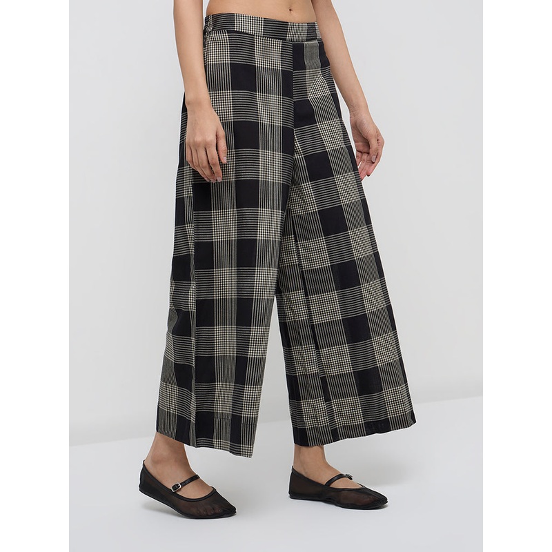Utsa Black Checkered Mid-Rise Cotton Palazzos