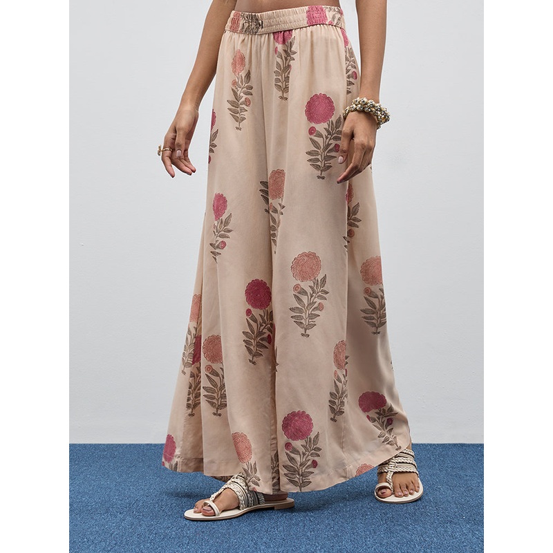 Zuba Beige Floral Printed High-Rise Palazzos