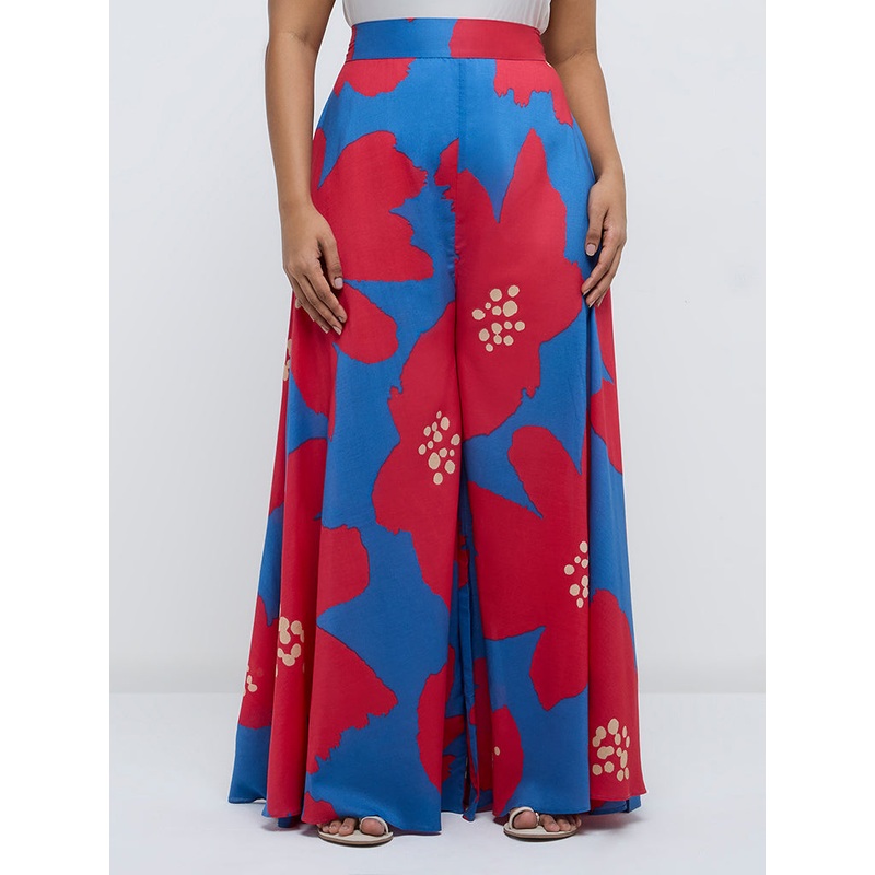 Diza Blue Floral Printed High-Rise Palazzos