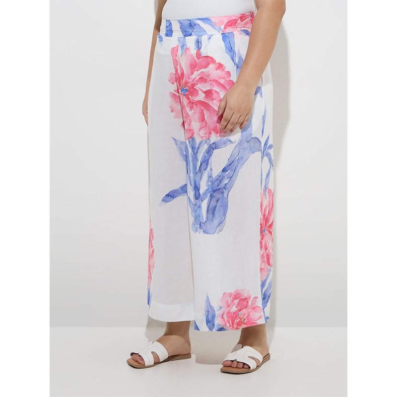 Diza White Floral Printed High-Rise Pants