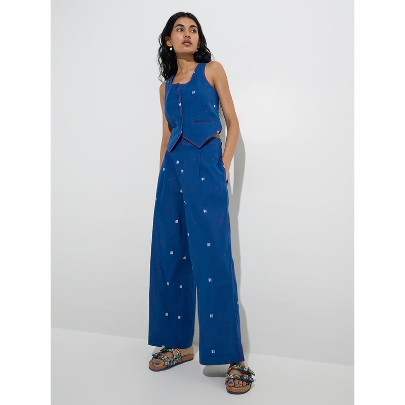 Bombay Paisley Blue Embroidered Mid-Rise Cotton Pants