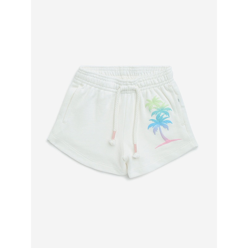 HOP Kids White Tropical Printed High-Rise Cotton Shorts