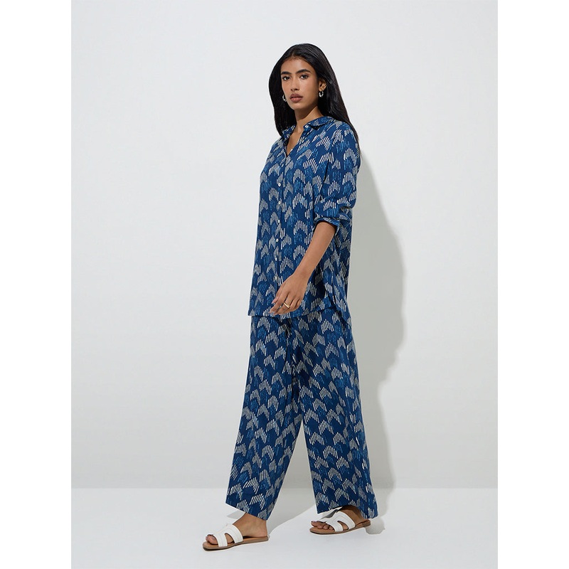 Utsa Navy Blue Printed High-Rise Ethnic Pants