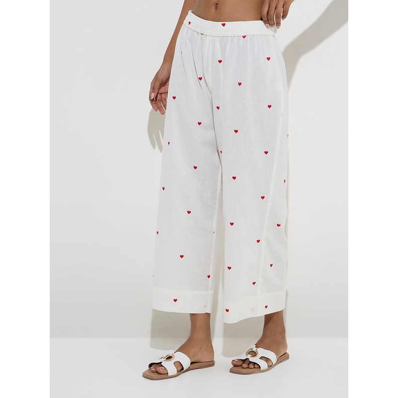 Utsa White Heart Design Cotton-Blend Ethnic Pants