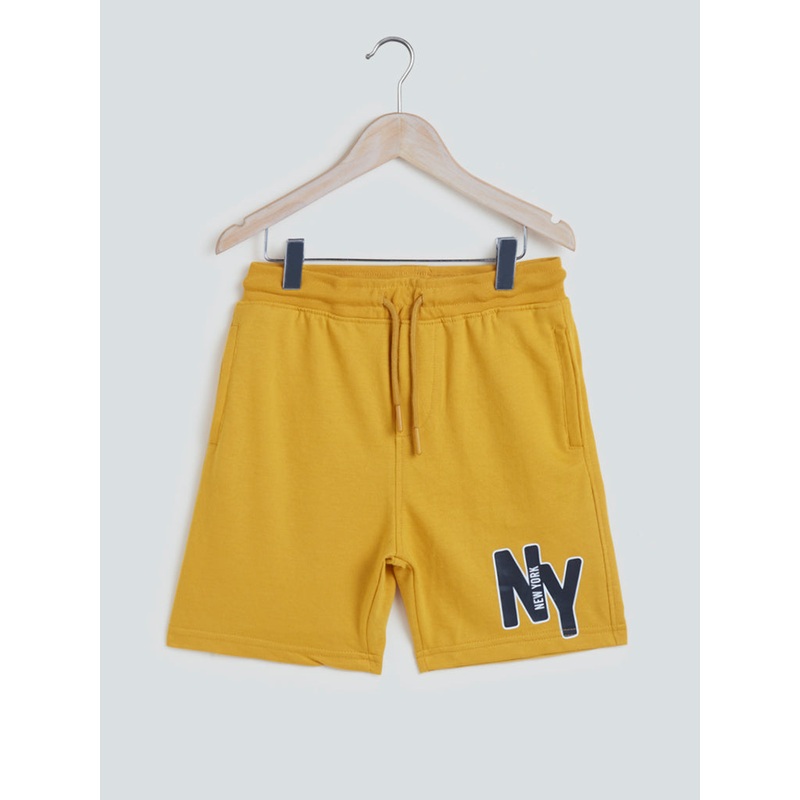 Y&F Kids Mustard Text Pattern Cotton-Blend Shorts
