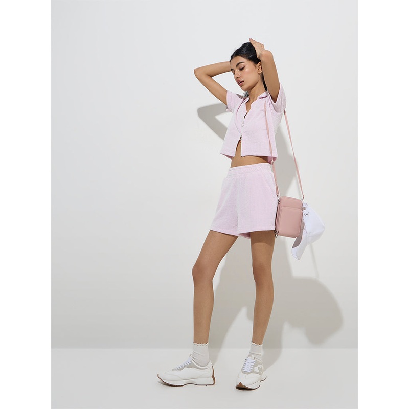 Studiofit Pink Textured High-Rise Cotton-Blend Shorts