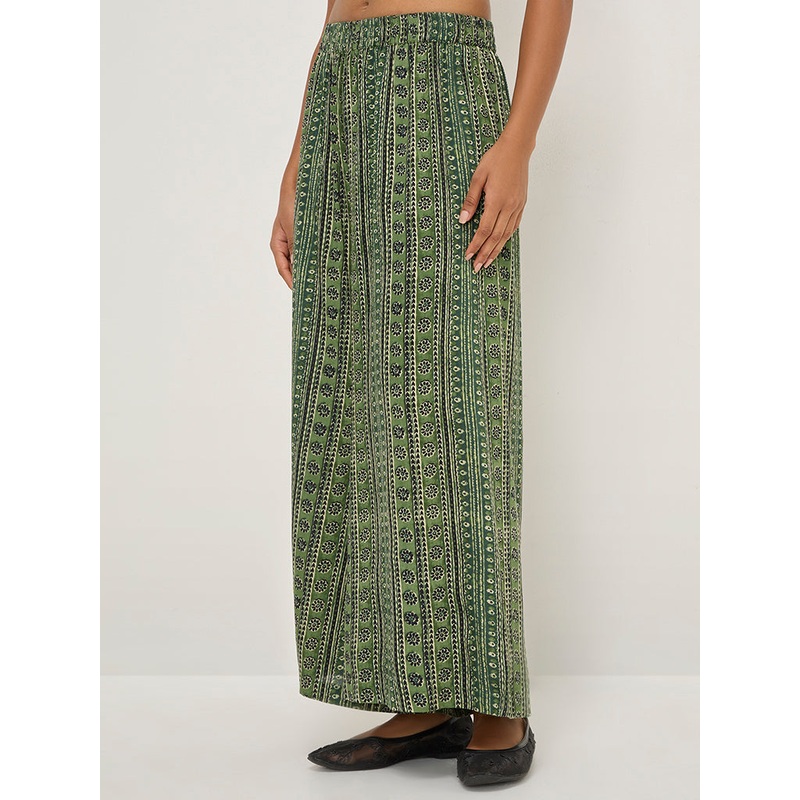 Utsa Green Stripe Printed High-Rise Palazzos