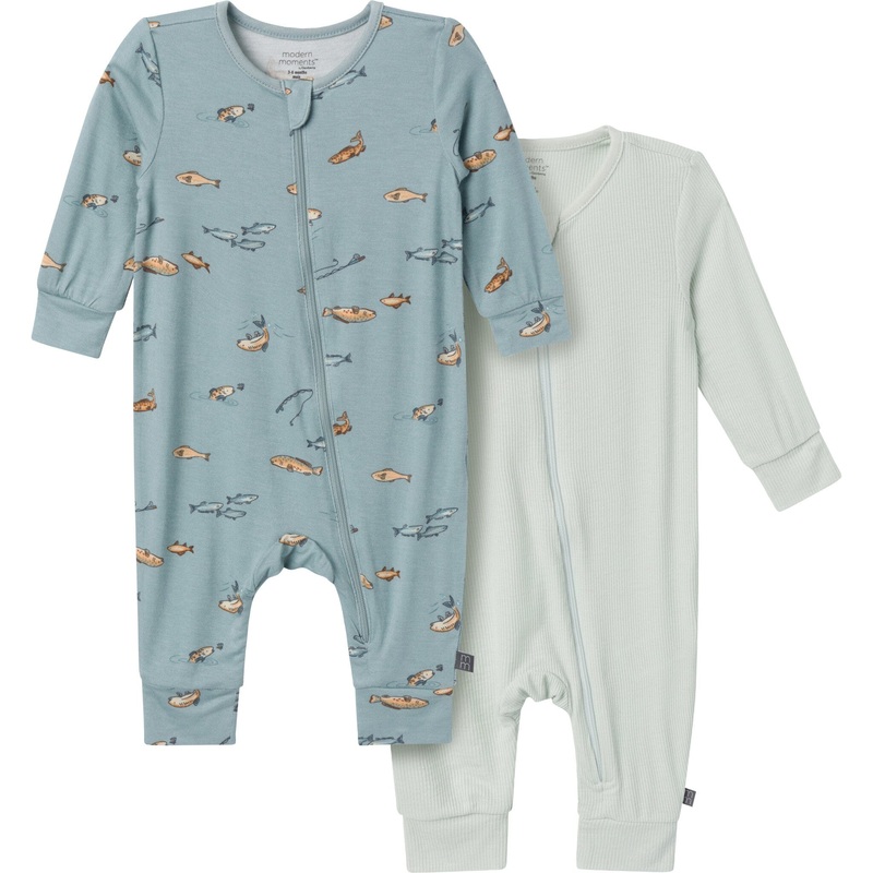 2-Pack Baby Boys Teal Fishing Zip Front Rompers