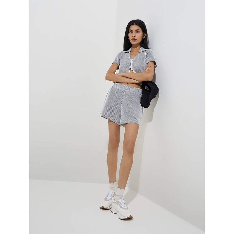 Studiofit Black Textured High-Rise Cotton-Blend Shorts