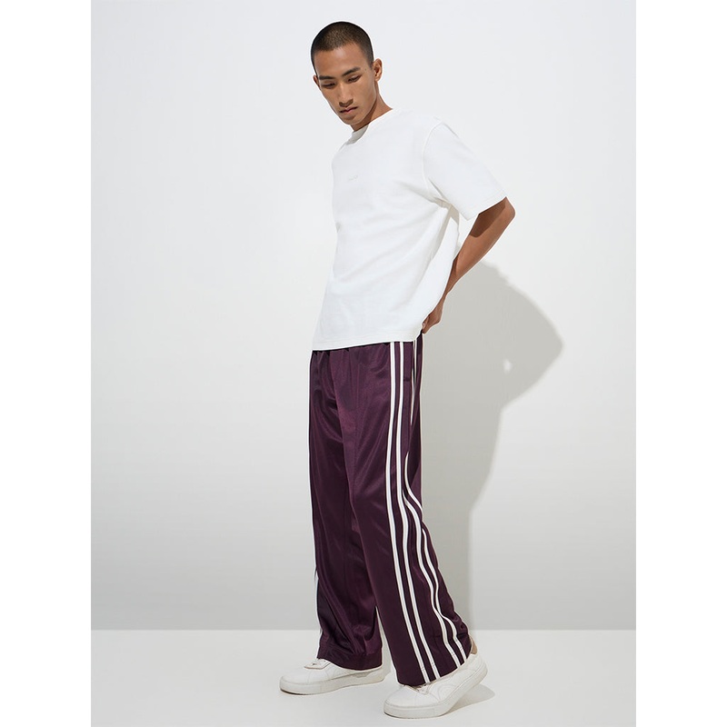 Nuon Plum Stripe Detailed Relaxed-Fit Mid-Rise Track Pants