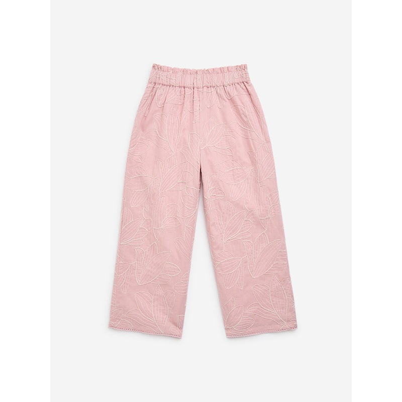 HOP Kids Dusty Pink Embroidered High-Rise Cotton Pants
