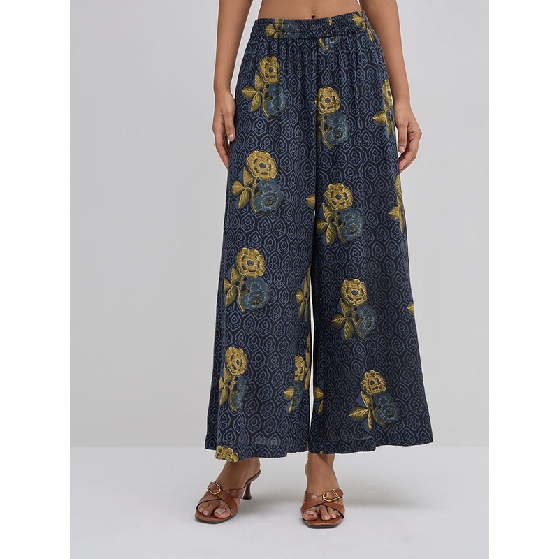 Utsa Blue Floral Printed High-Rise Palazzos LBNU253622058638