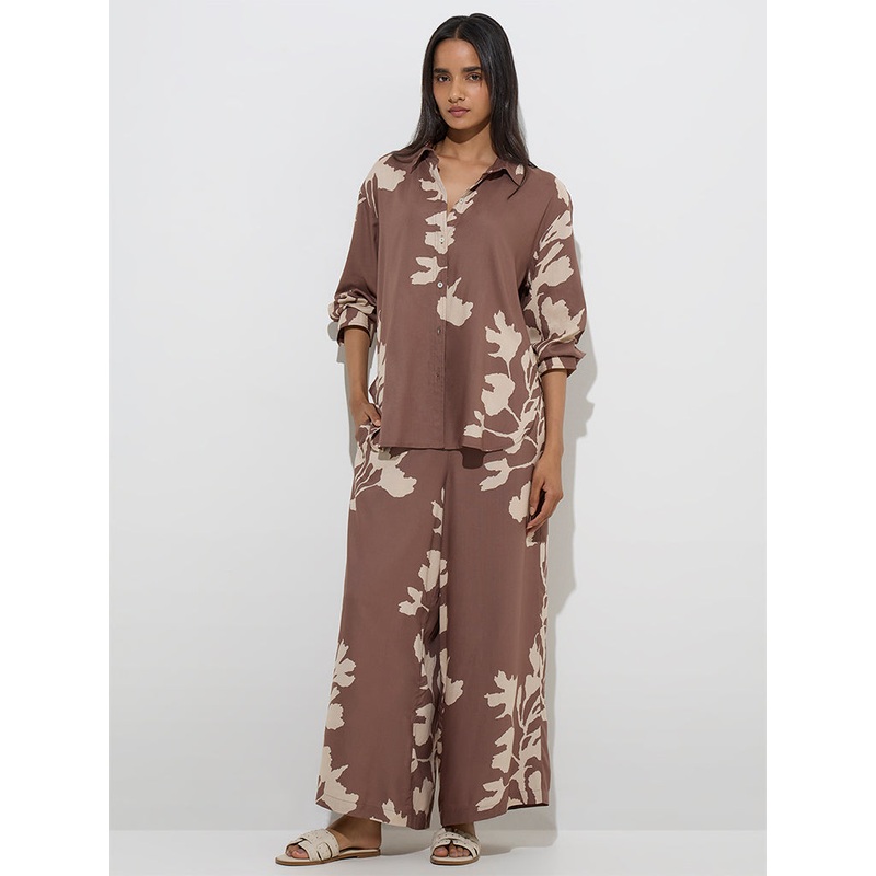 Utsa Brown Foliage Pattern Palazzos