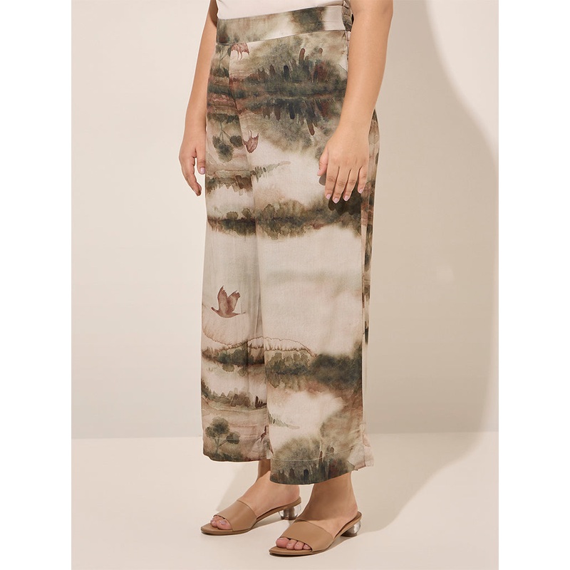 Diza Olive Abstract Printed High-Rise Palazzos