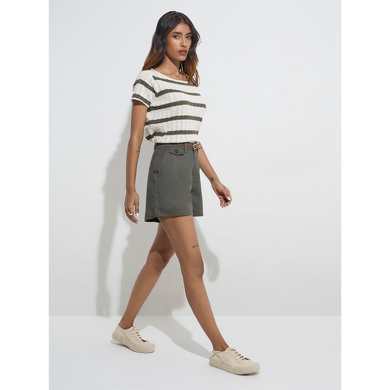 LOV Olive High-Rise Cotton-Blend Shorts with Belt