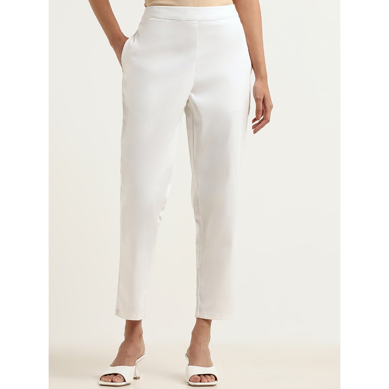 Utsa White Cotton-Blend Straight-Leg Pants