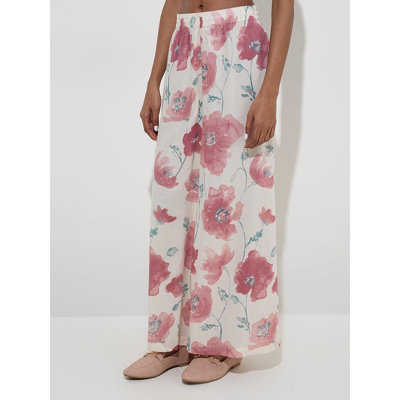 Zuba Dusty Pink Floral Design Cotton-Blend Palazzos