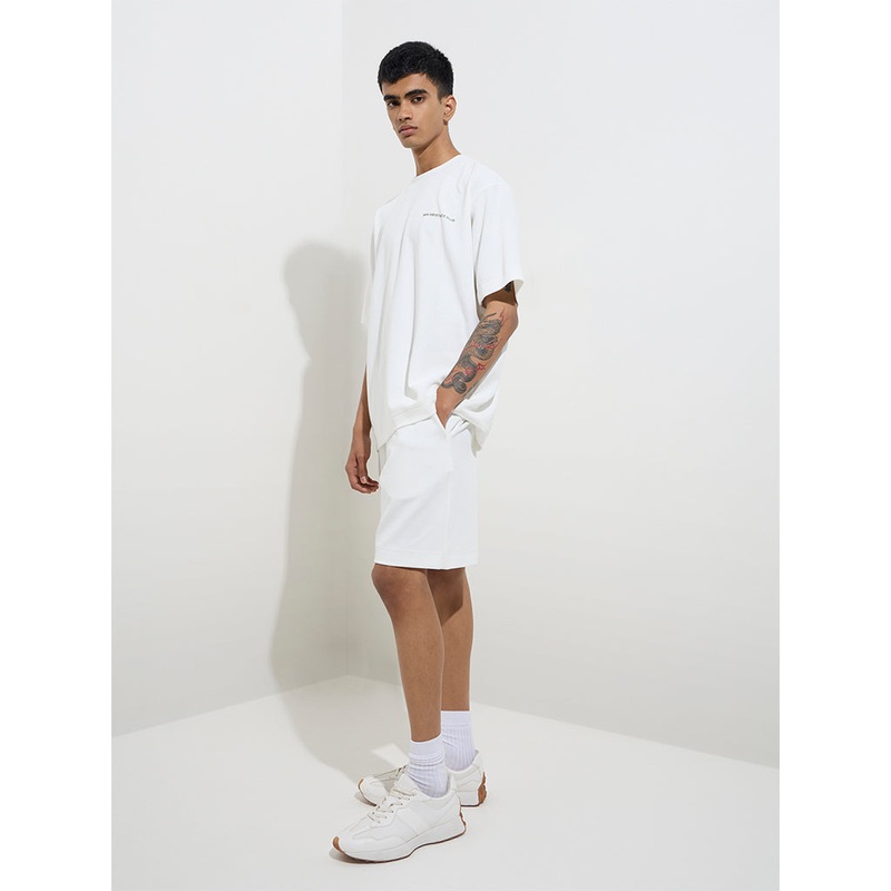 Studiofit White Self-Textured Relaxed-Fit Mid-Rise Shorts