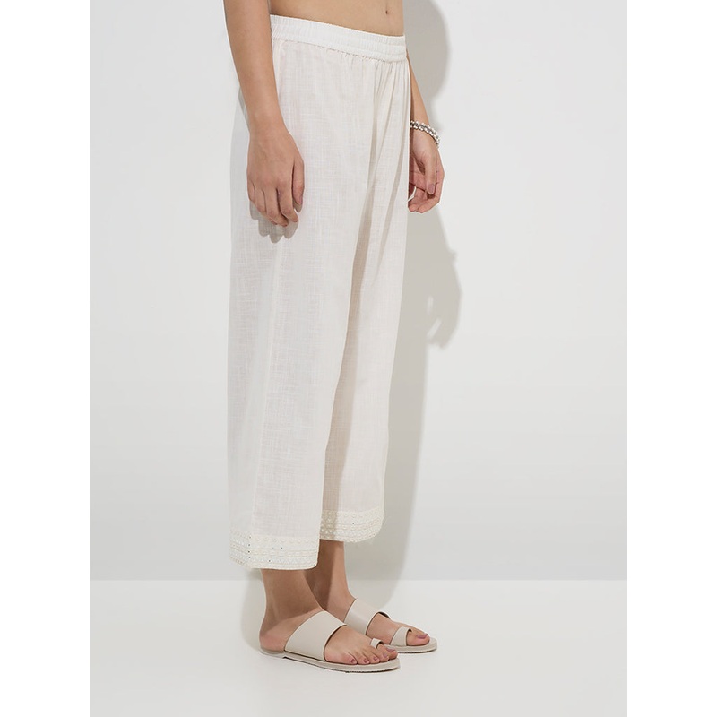 Utsa Off-White Mirror-Work High-Rise Cotton Pants