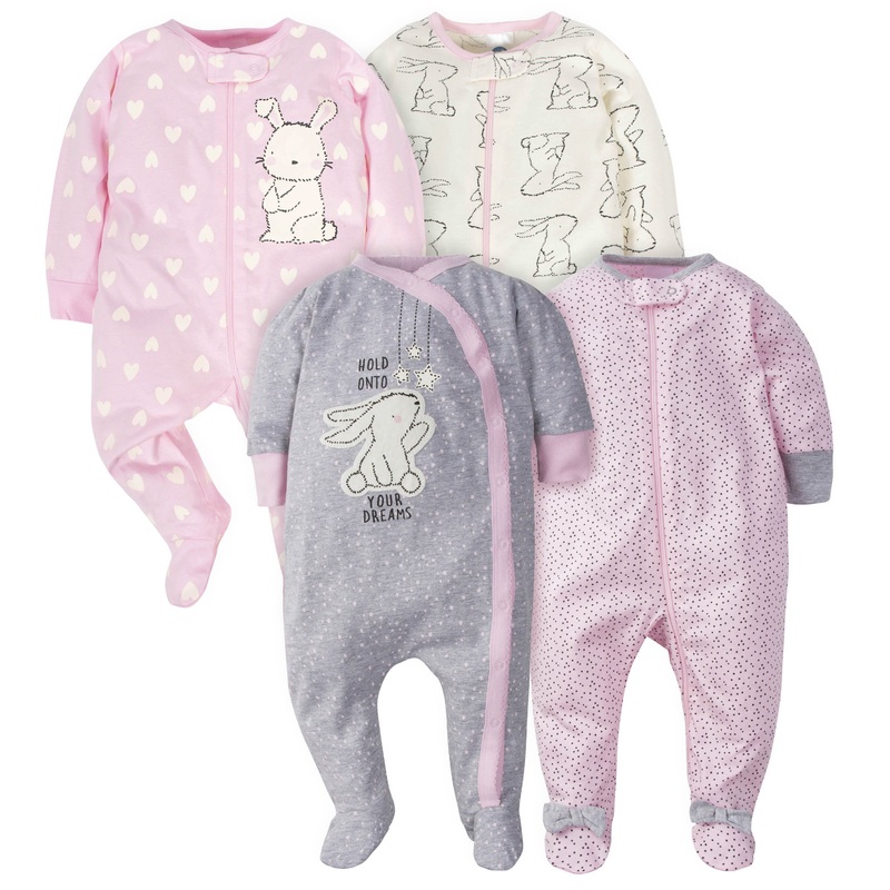 4-Pack Baby Girls Bunny Zip Front Sleep N Plays