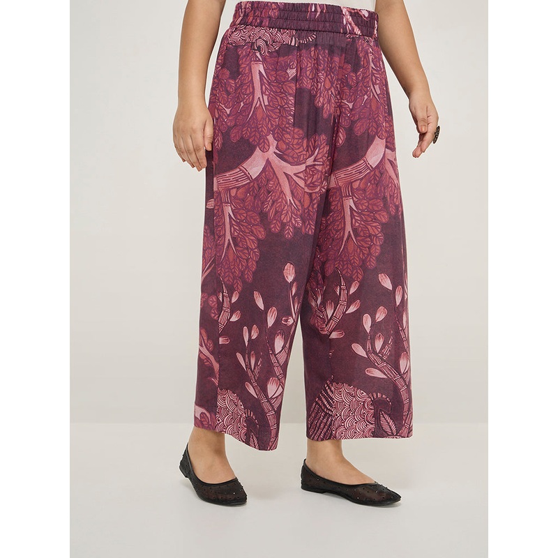 Diza Burgundy Botanical Printed High-Rise Ethnic Pants