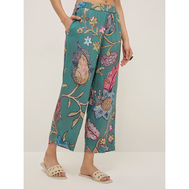 Utsa Teal Botanical Printed Ethnic Pants