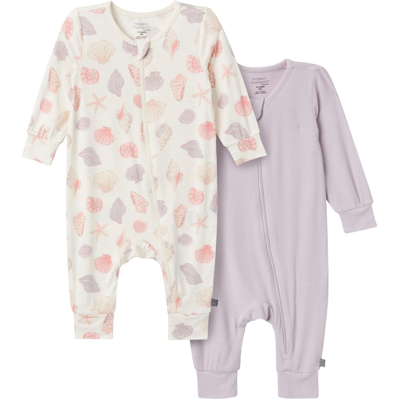 2-Pack Baby Girls Ivory Seashells Zip Front Rompers