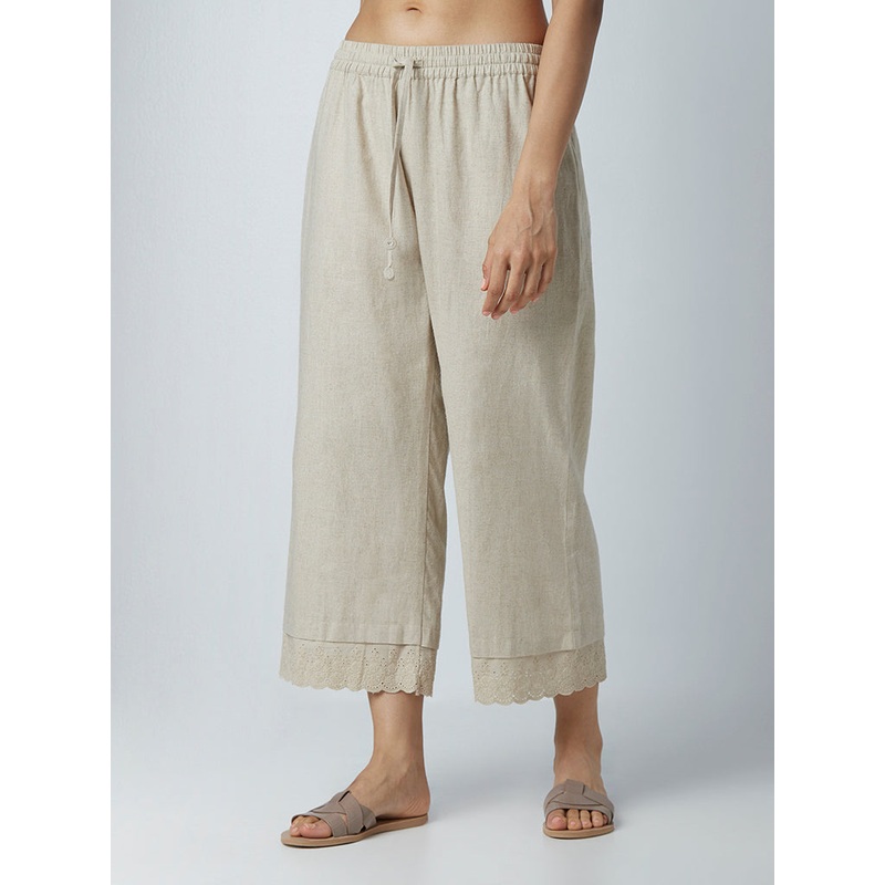 Zuba Beige Scalloped Pattern Linen-Blend Palazzos