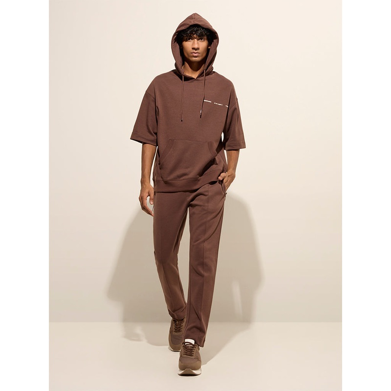 Studiofit Brown Relaxed-Fit Mid-Rise Cotton Track Pants