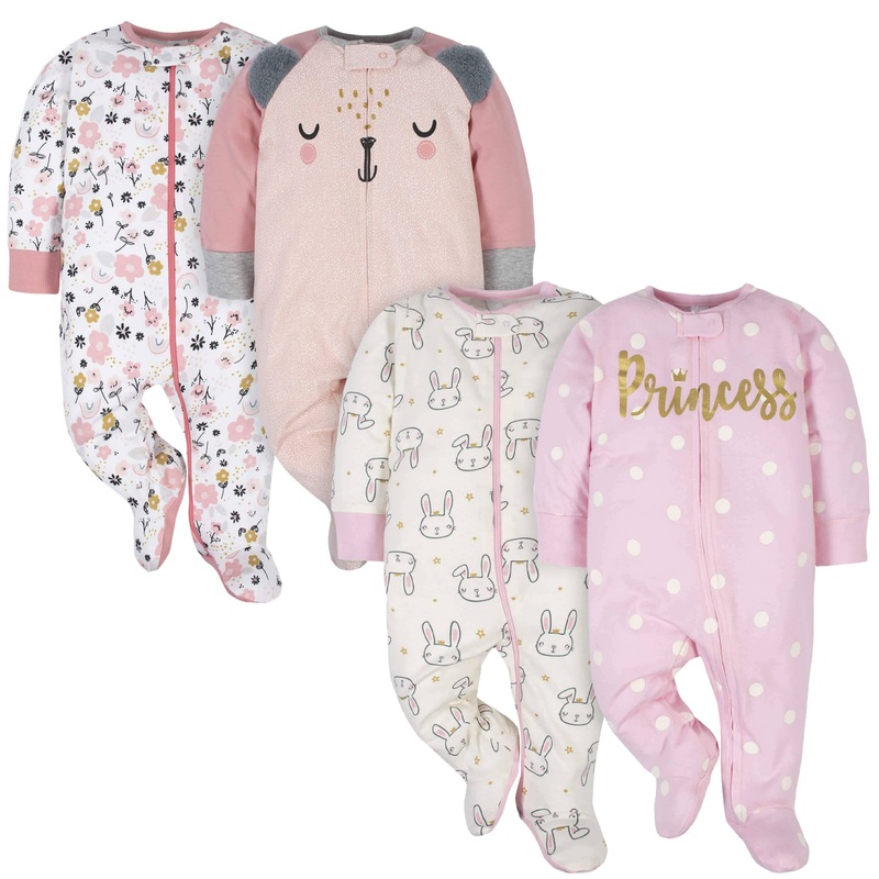 Gerber 4-Pack Baby Girls Princess & Bear Sleep ‘N Play Bundle