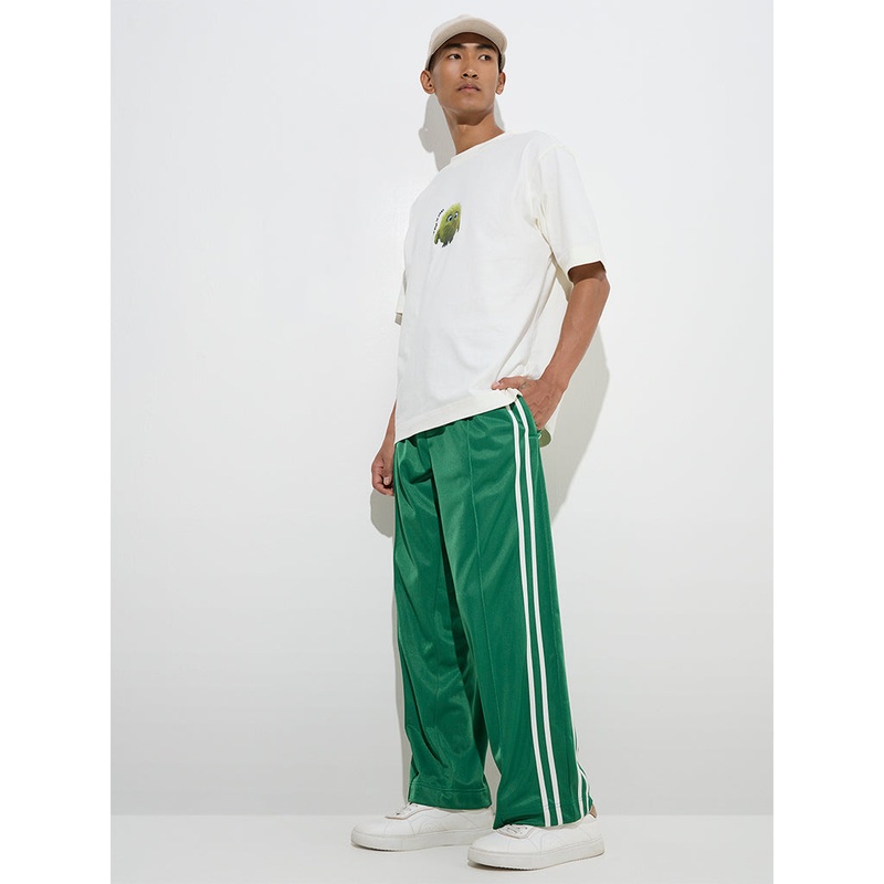 Nuon Jade Green Striped Relaxed-Fit Mid-Rise Track Pants