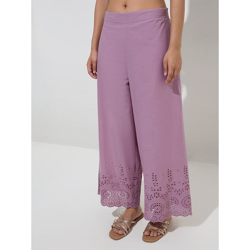 Utsa Purple Schiffli Detailed Cotton Ethnic Pants