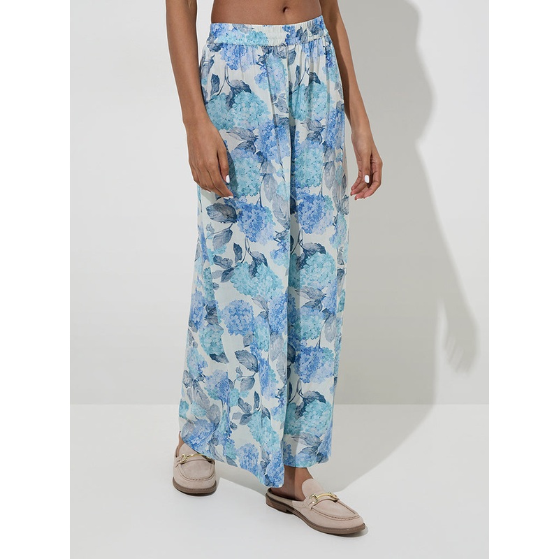 Zuba Blue Botanical Design Cotton-Blend Palazzos