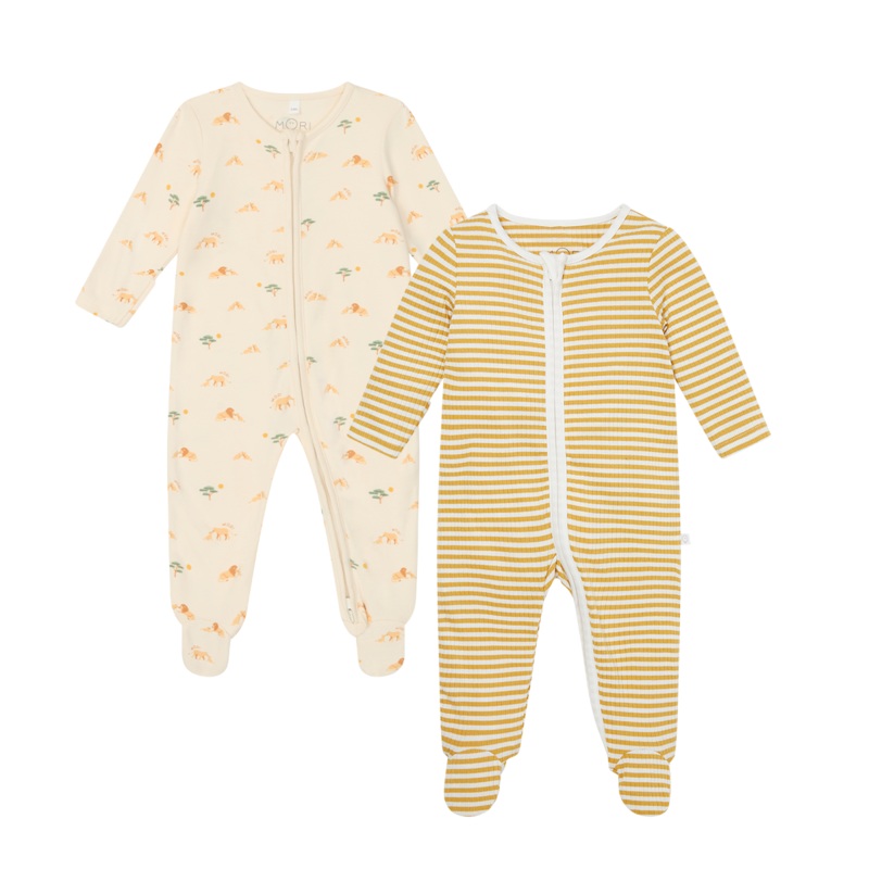 Lion & Striped Ribbed Clever Zip Sleepsuit 2 Pack