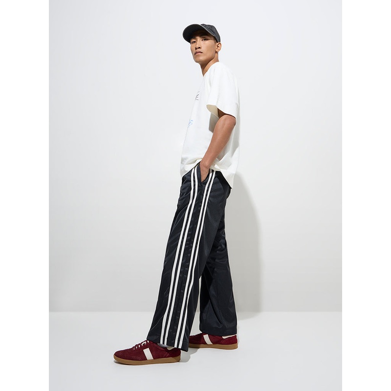 Nuon Black Striped Relaxed-Fit Mid-Rise Track Pants