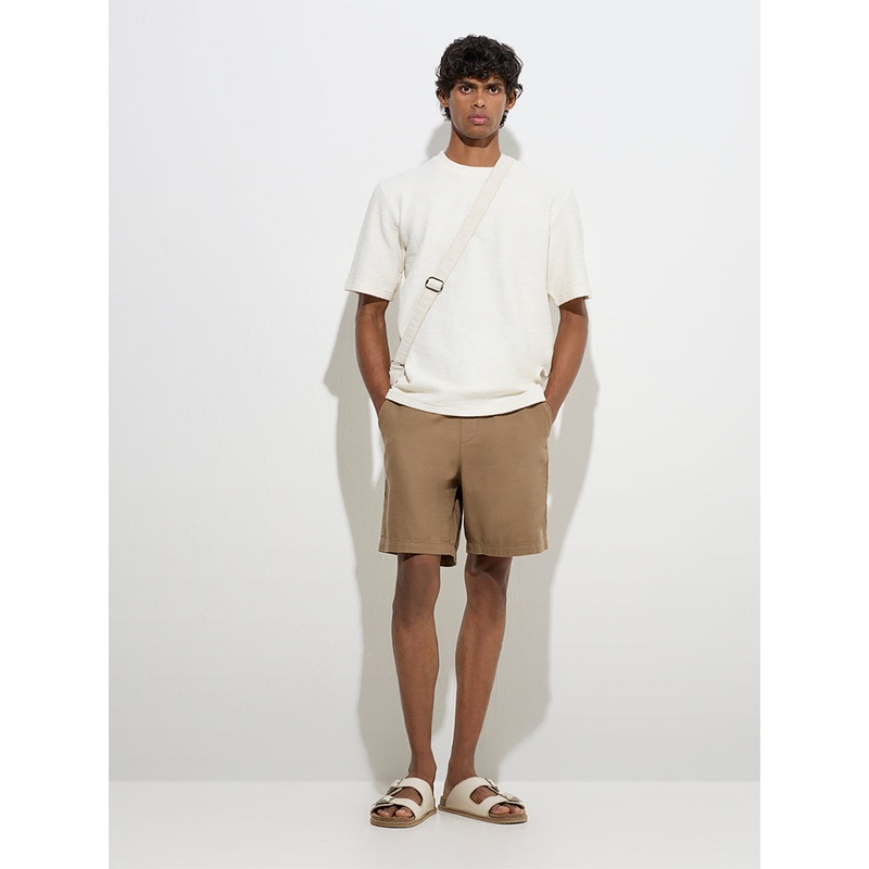 ETA Taupe Solid Relaxed-Fit Mid-Rise Cotton-Blend Shorts