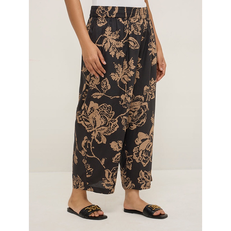 Diza Black Floral Print Palazzos