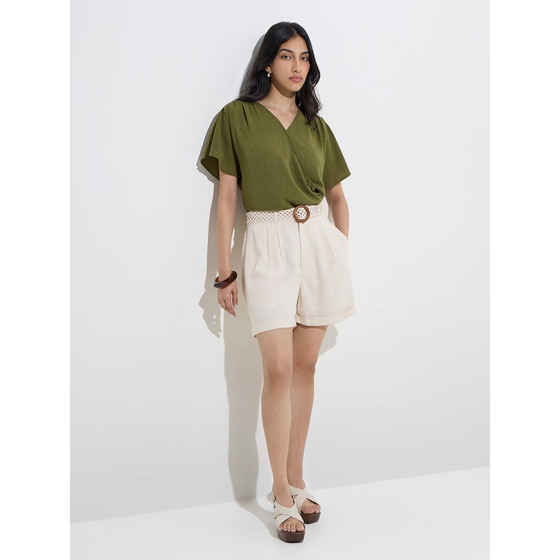 LOV Off-White High-Rise Linen-Blend Shorts with Belt