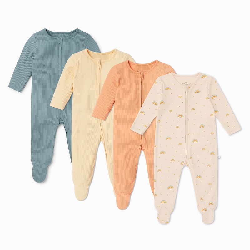 Rainbow & Ribbed Clever Zip Sleepsuit 4 Pack