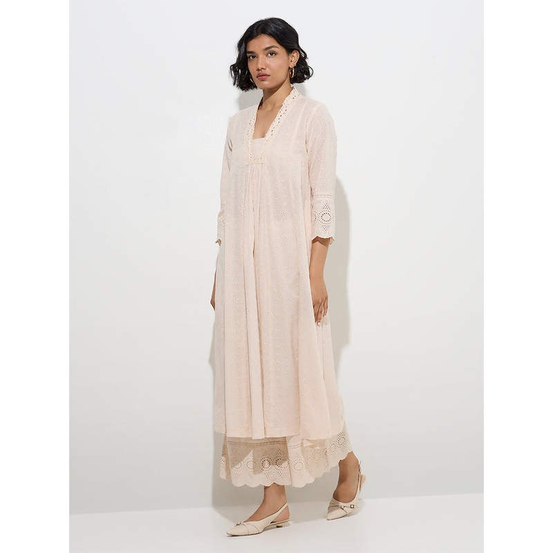 Zuba Beige Schiffli Detailed Cotton Palazzos