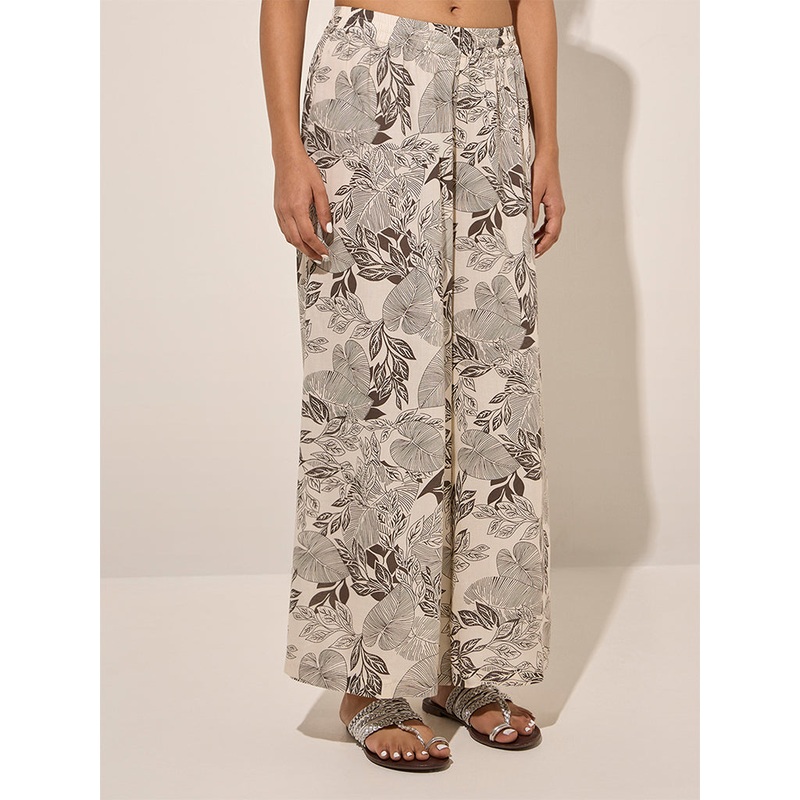 Zuba Black Botanical Printed Cotton Palazzos